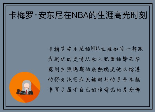 卡梅罗·安东尼在NBA的生涯高光时刻